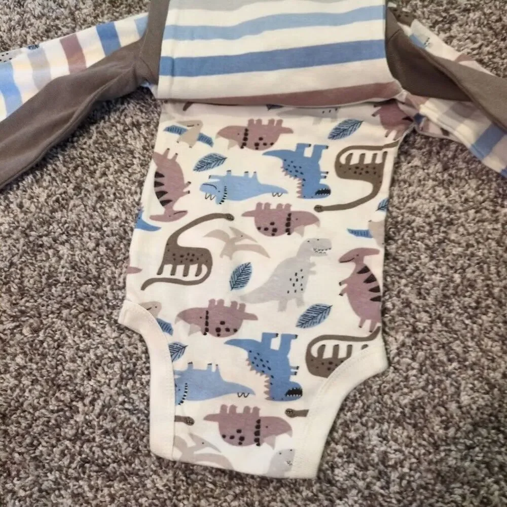 Gerber 3-Pack Long Sleeve Onesies Bodysuits (0-3M) Dinosaur Stripes Boy